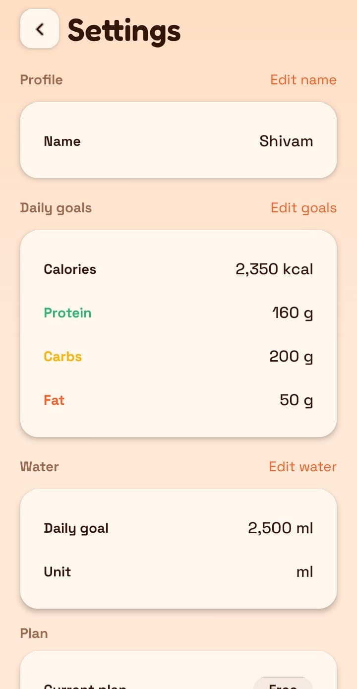 Katori settings screen for goals, macro targets and water
